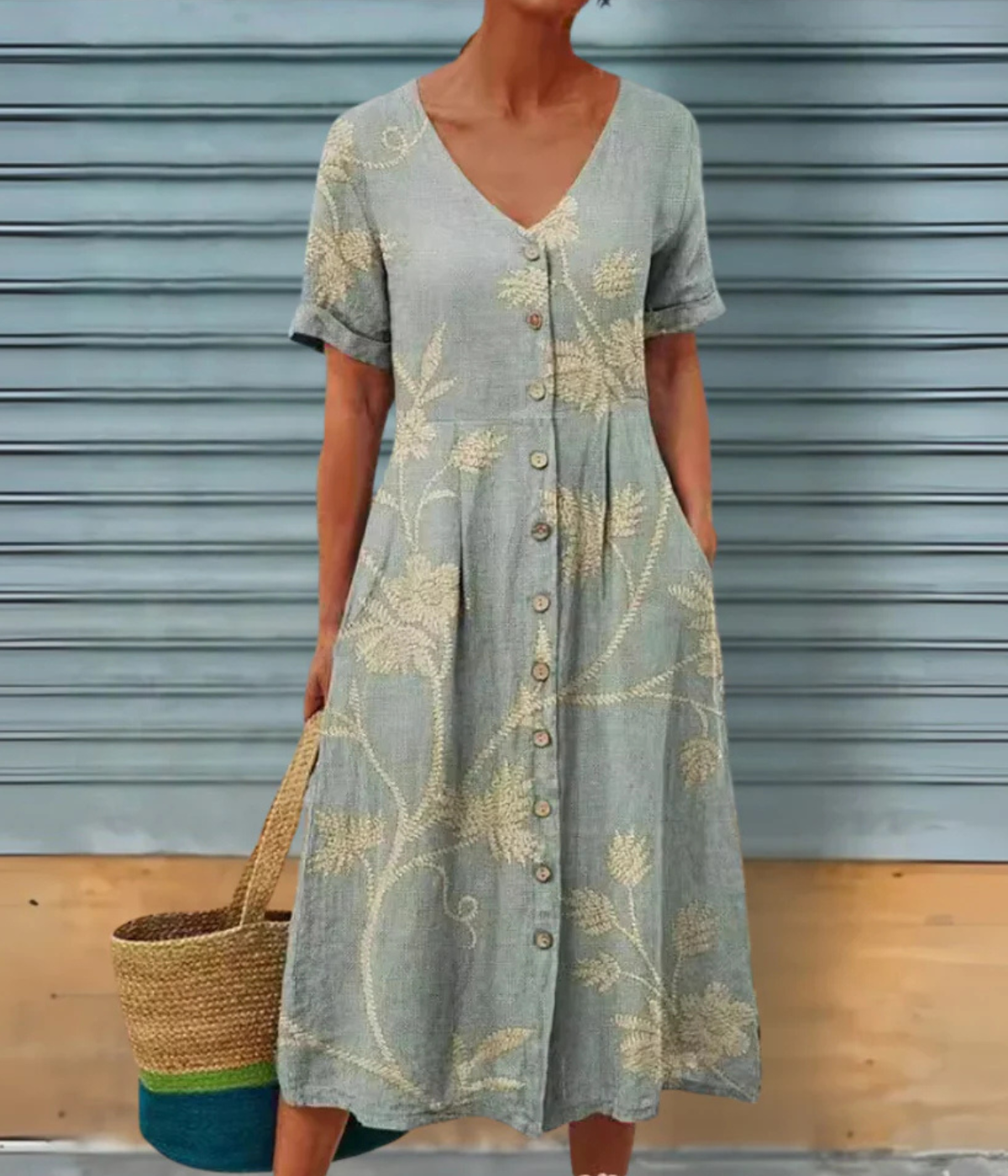 ライトグリーン Vネック ショートスリーブ ドレス