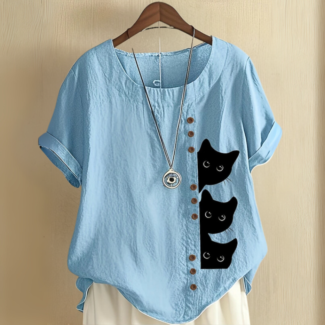 丸首猫柄夏用シャツ