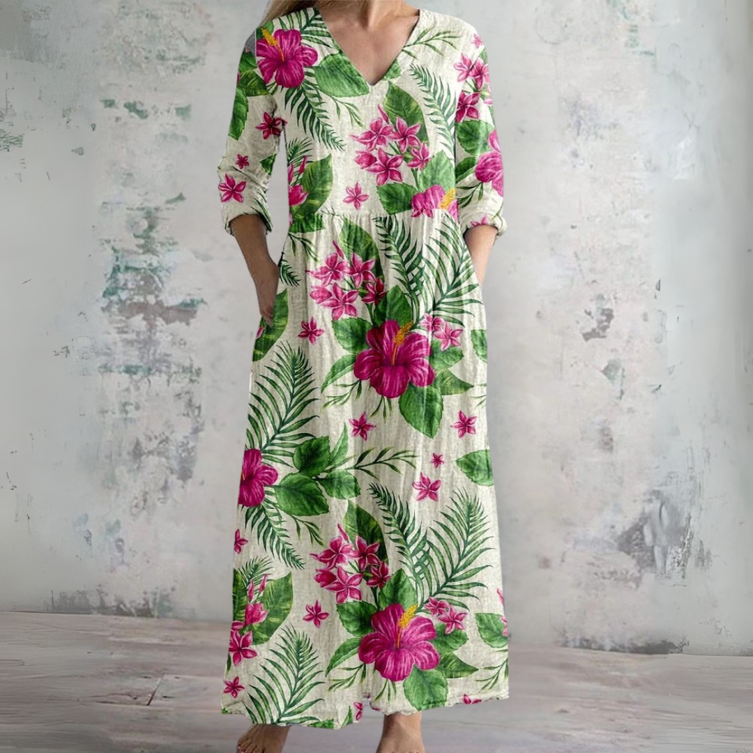 プリント柄の夏用長袖ドレス