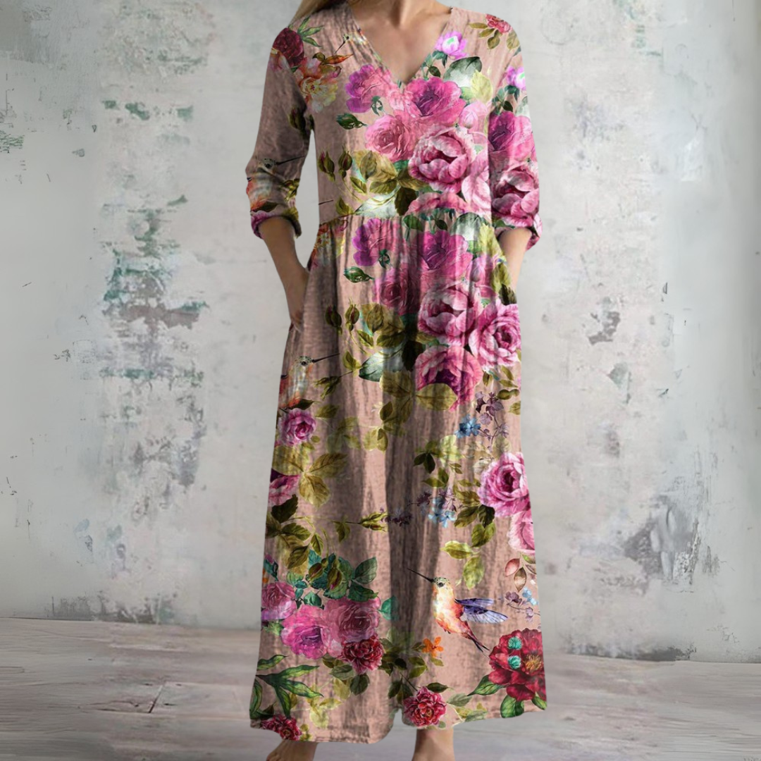 プリント柄の夏用長袖ドレス