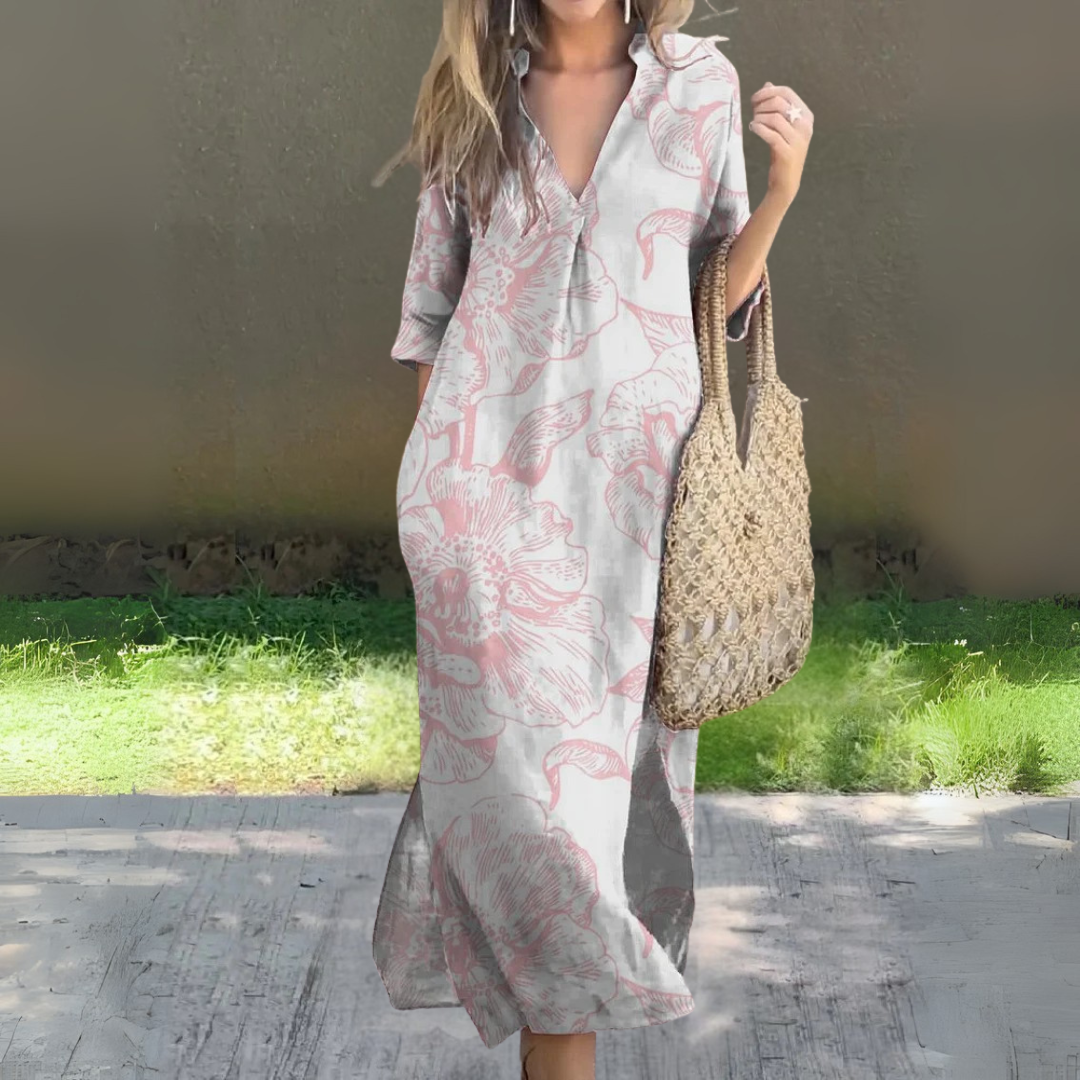 ミッドスリーブのフローリープリントロングドレス