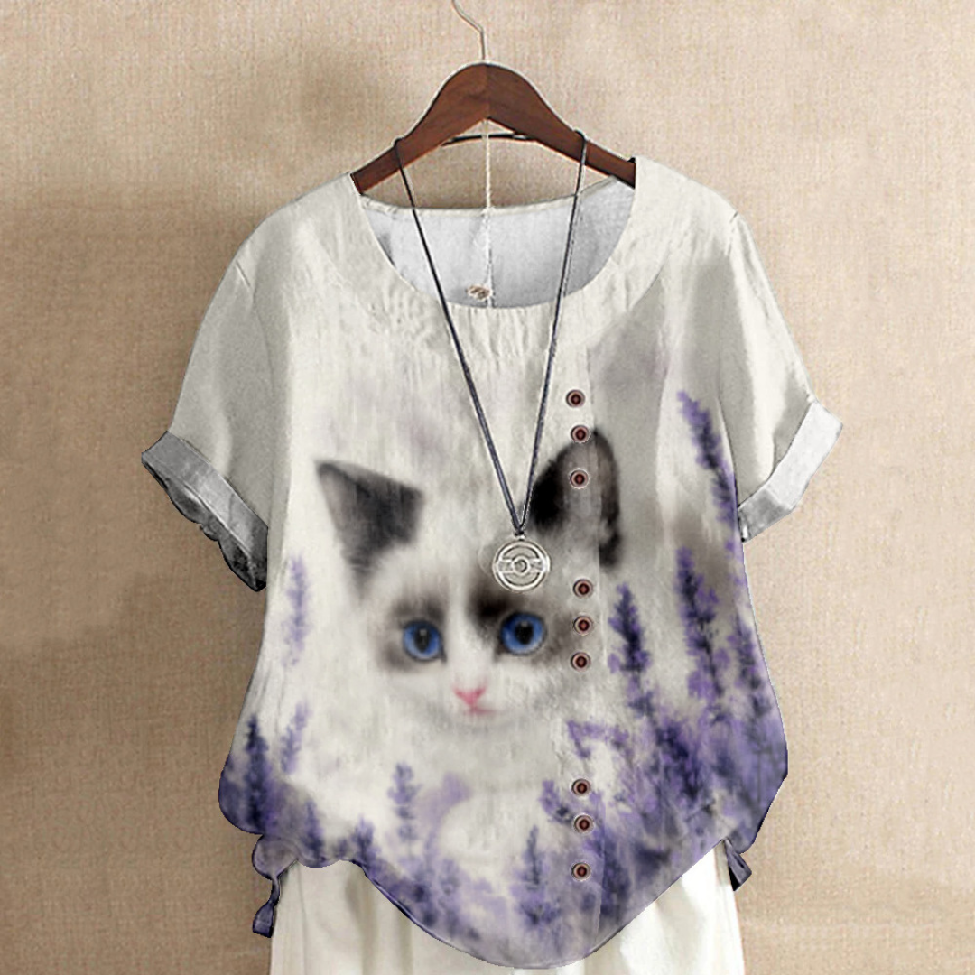 ラウンドネック キャットプリント エレガントシャツ