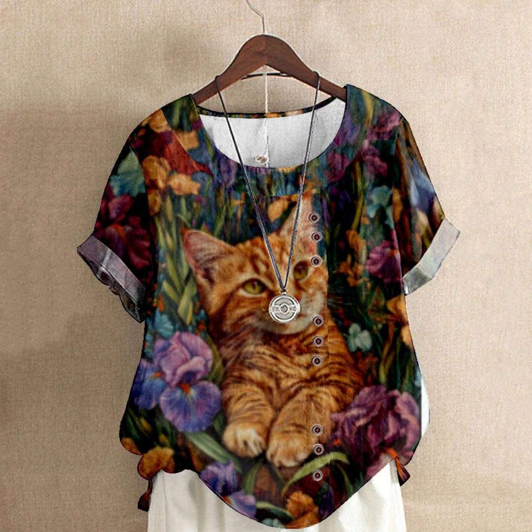 ラウンドネック キャットプリント エレガントシャツ