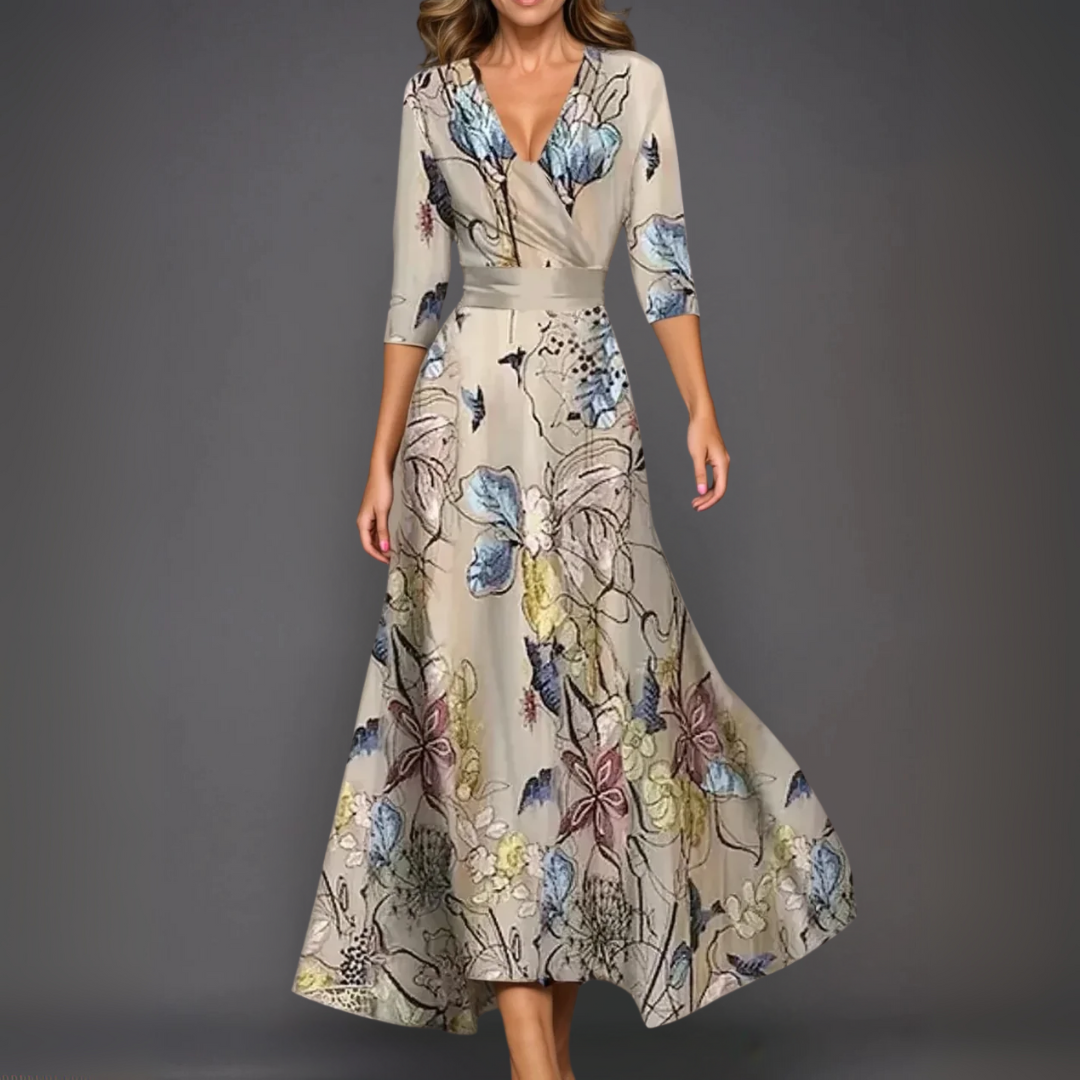 クラシック フラワー Vネック マキシドレス