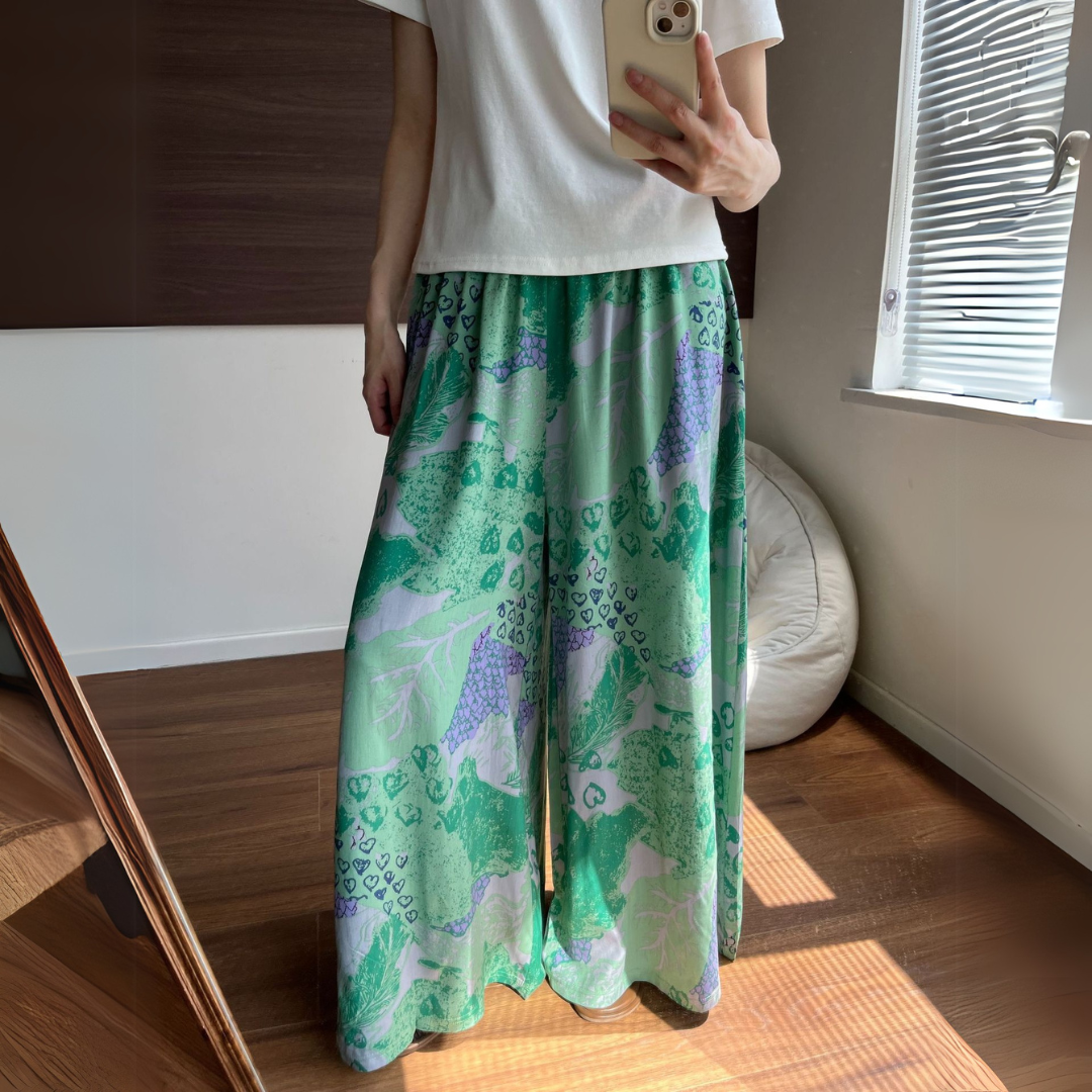 グリーン・フローラル・ワイドレッグ・パンツ