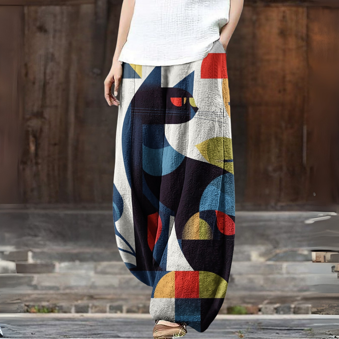 マルチカラーキャットプリントワイドパンツ