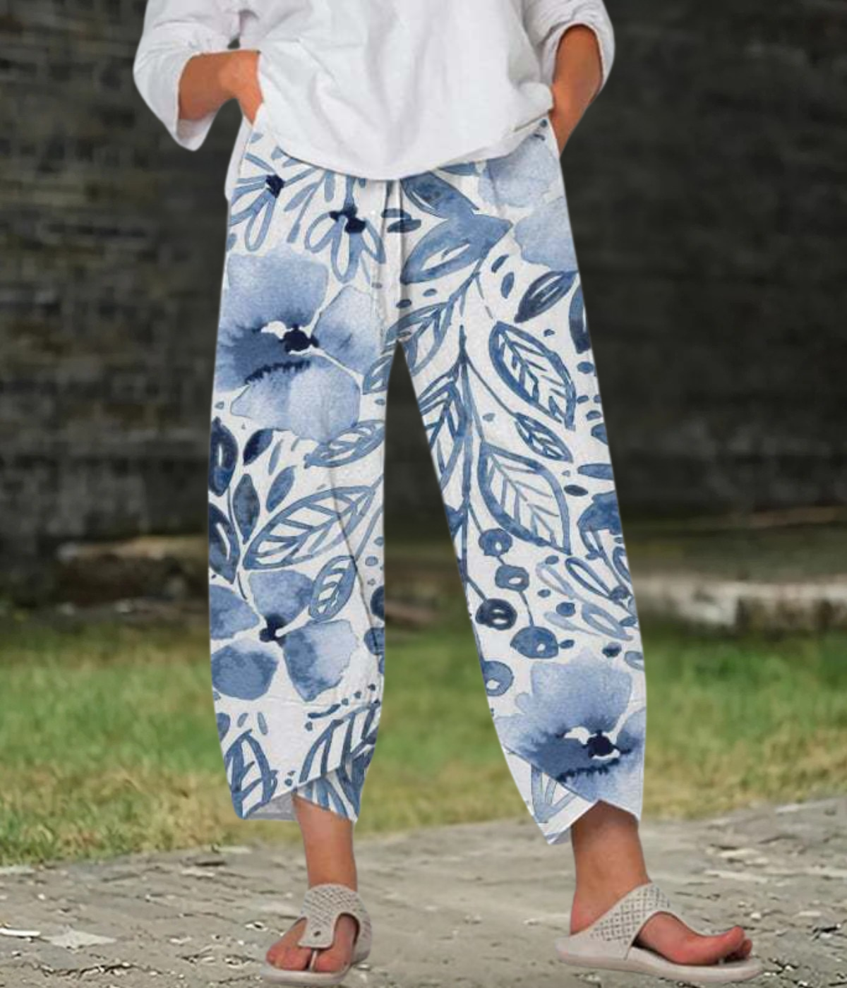 ホワイト・ブルー・フローラル・ボホー・ブリーズ・パンツ