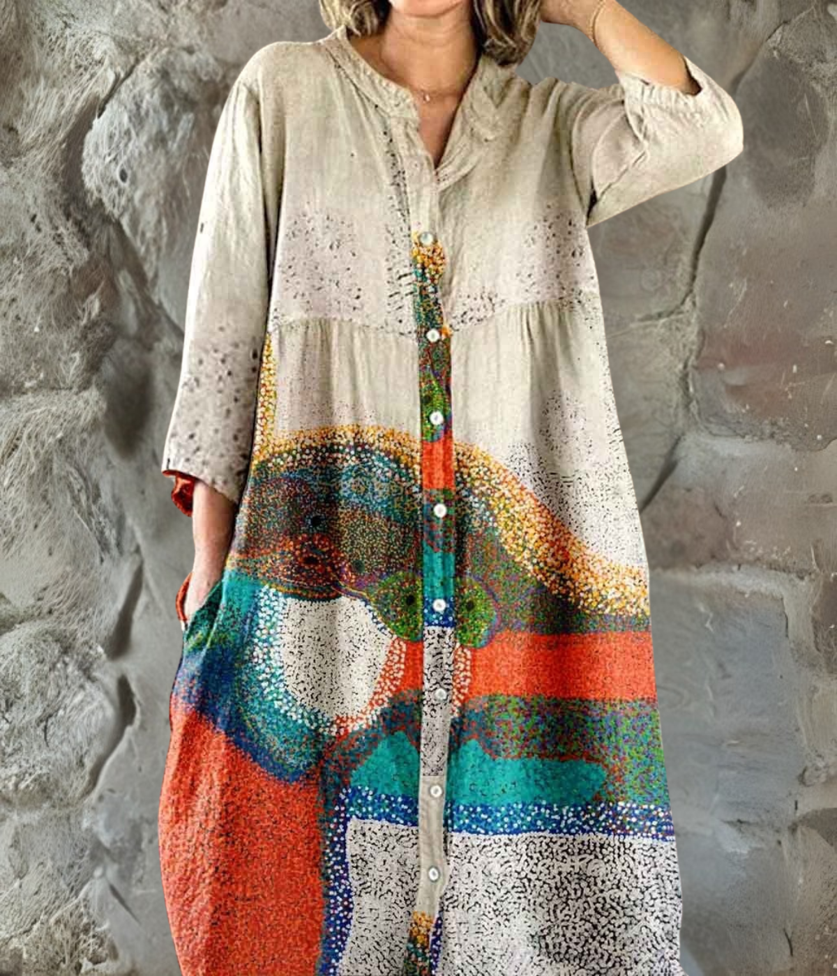 ブラウンプリントロングスリーブワンピース