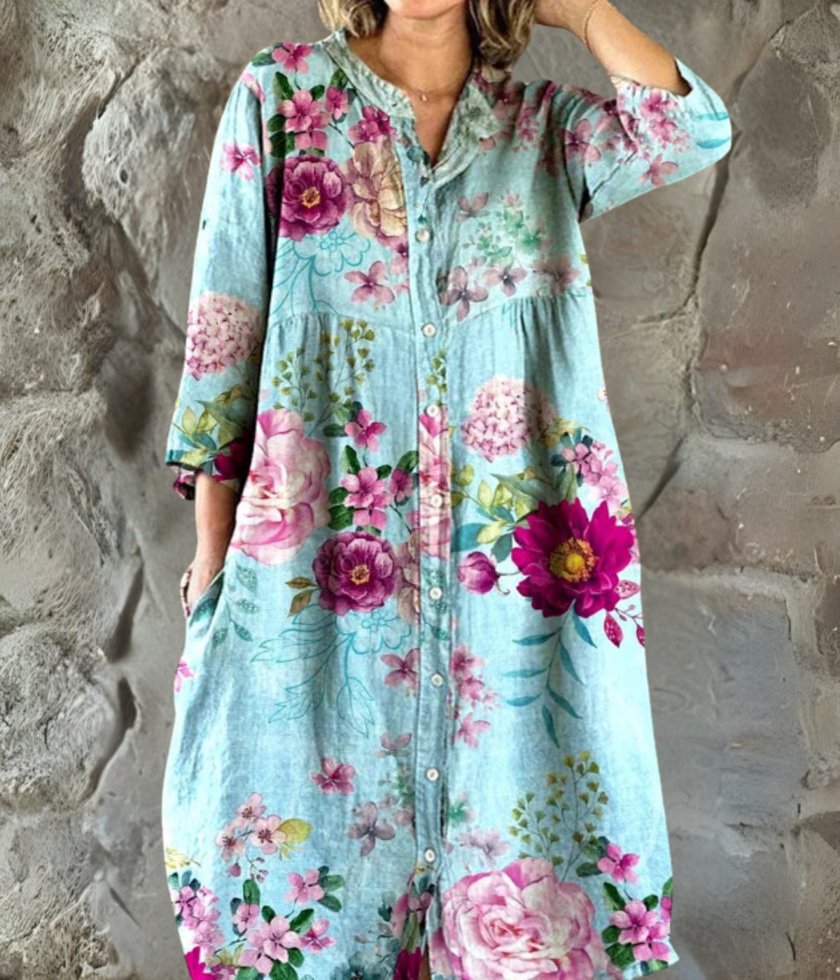 ライトブルー花柄ロングスリーブワンピース