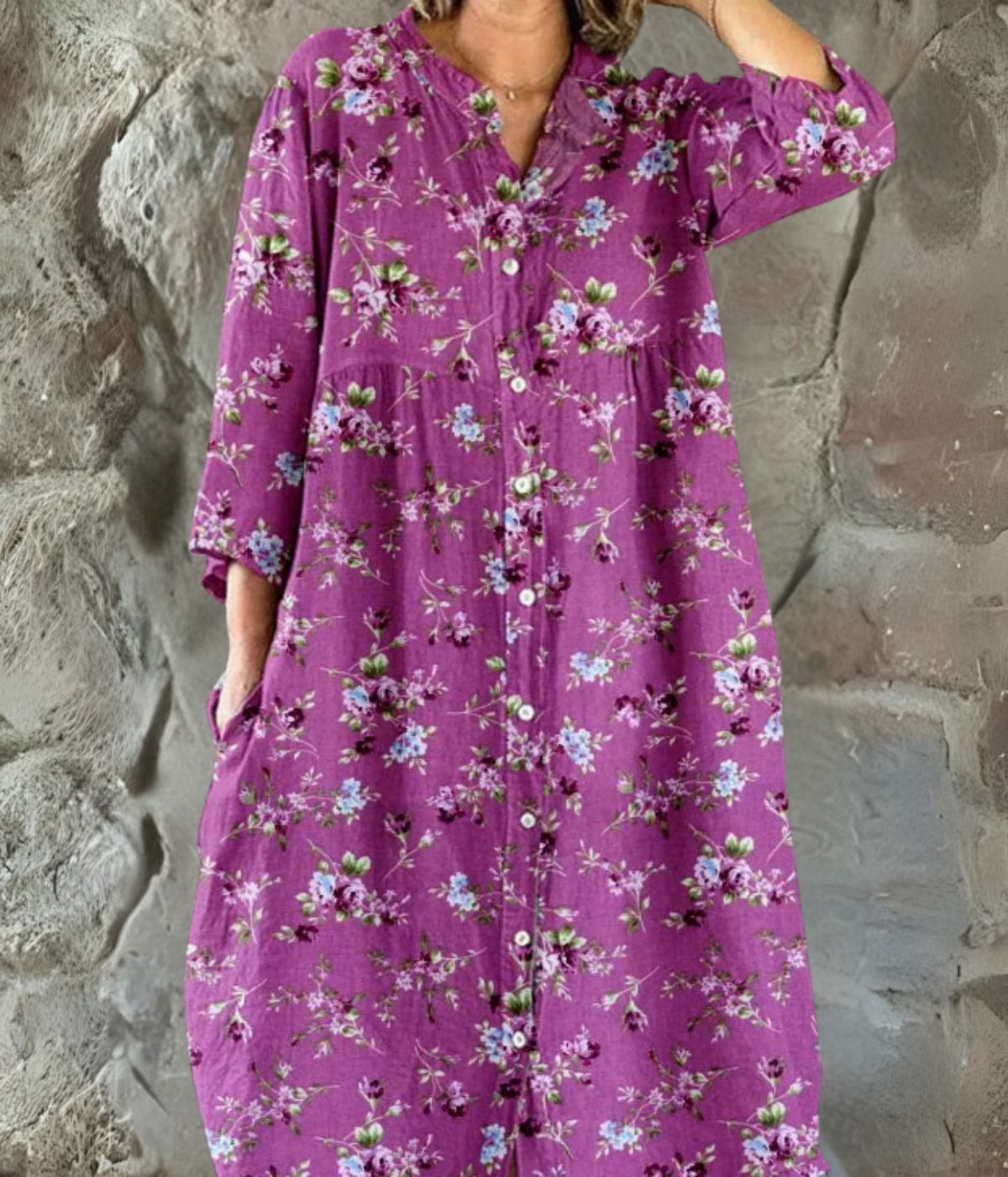 パープルプリントロングスリーブワンピース