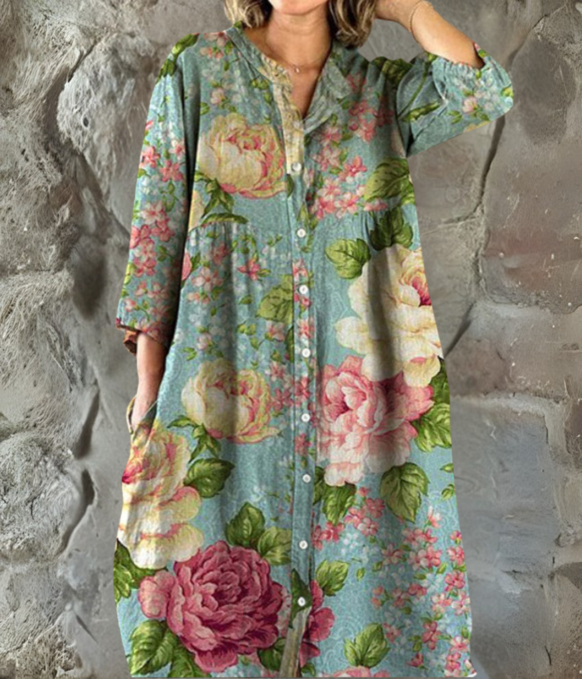 ブルー花柄ロングスリーブワンピース