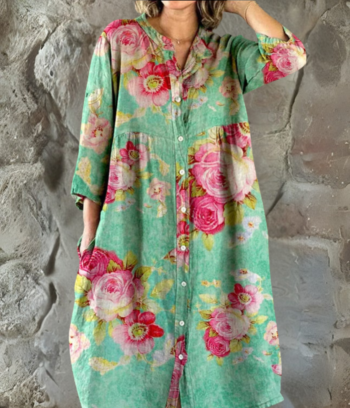 グリーン・プリントロングスリーブワンピース