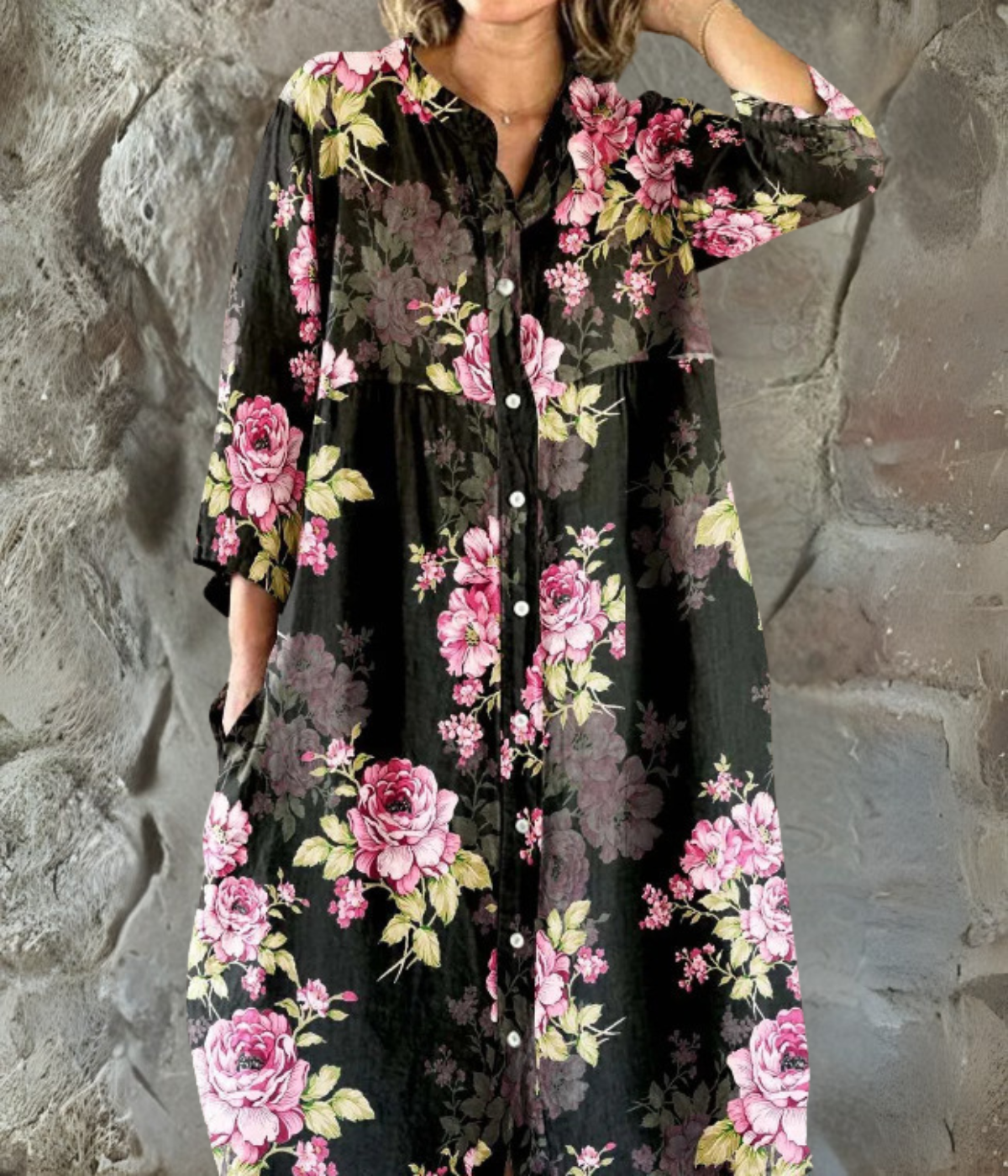 ブラックプリントロングスリーブワンピース