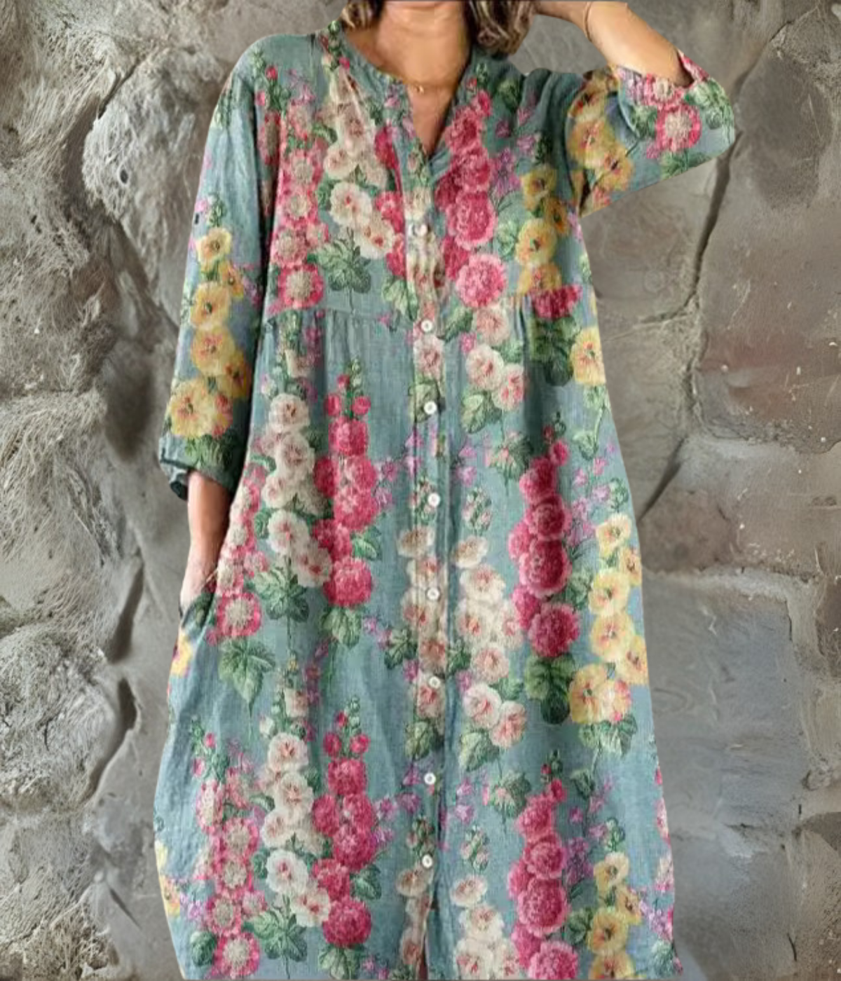 水色プリントロングスリーブワンピース