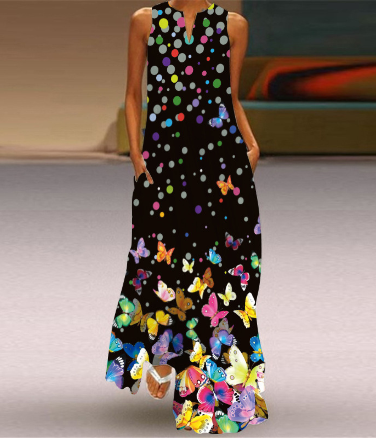 レインボーバタブルドットVネックプリントドレス