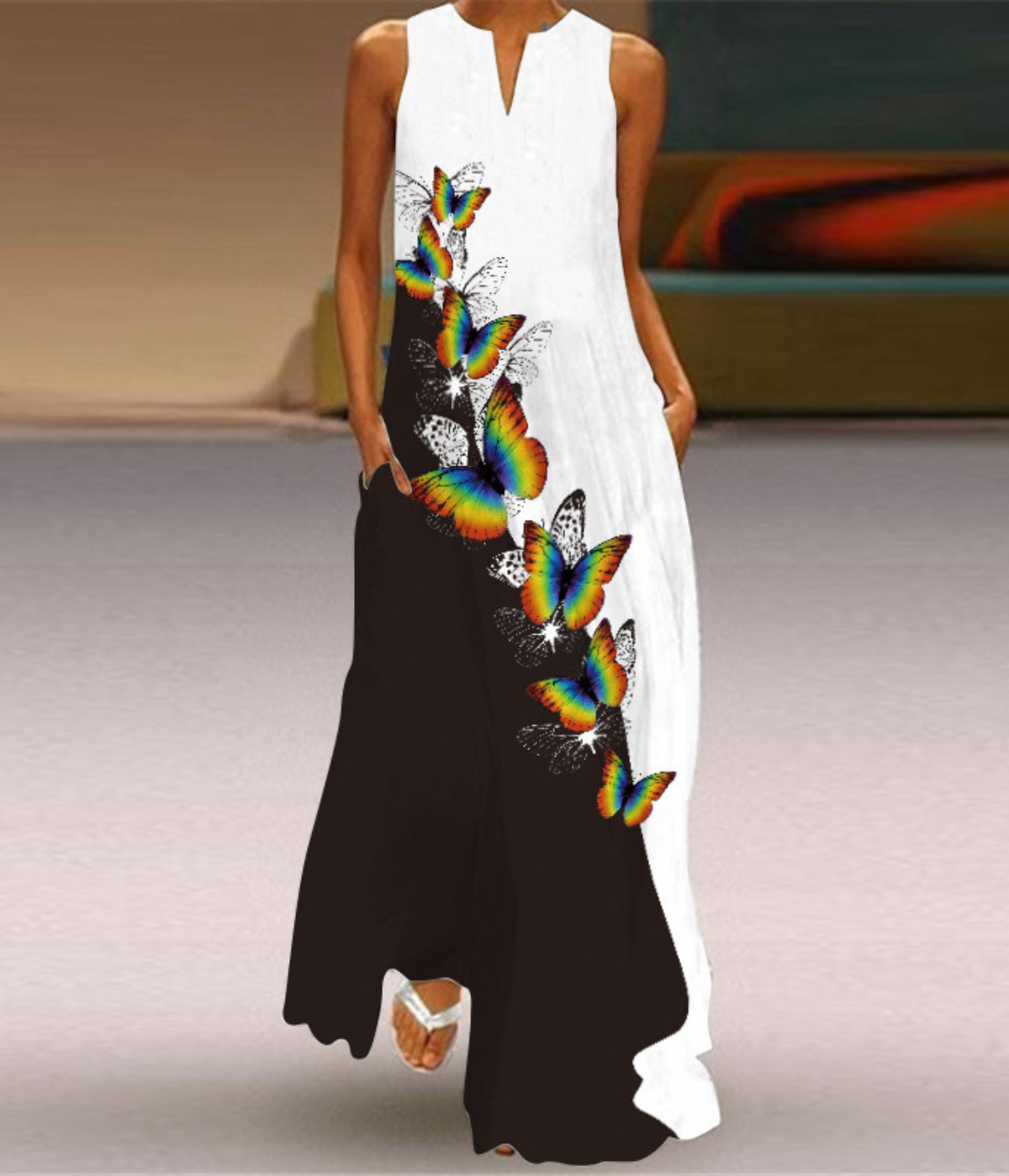 レインボーバタフライVネックプリントドレス