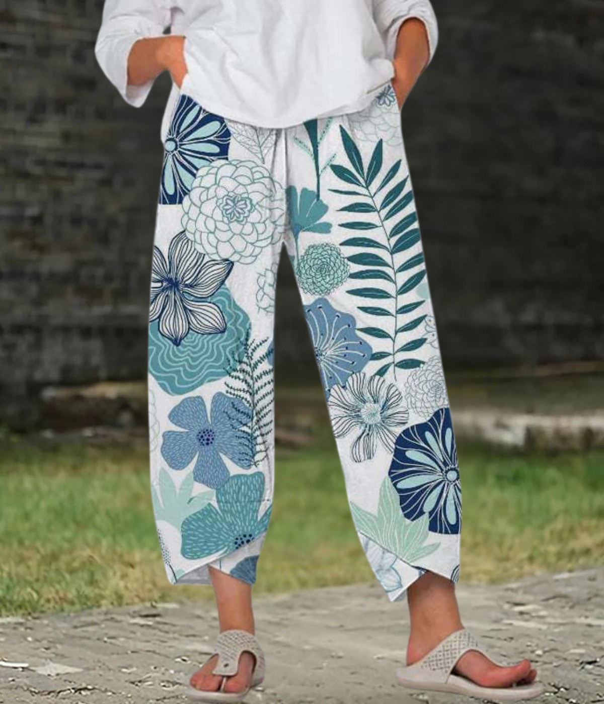 ビッグフラワープリントボーホーブリーズパンツ