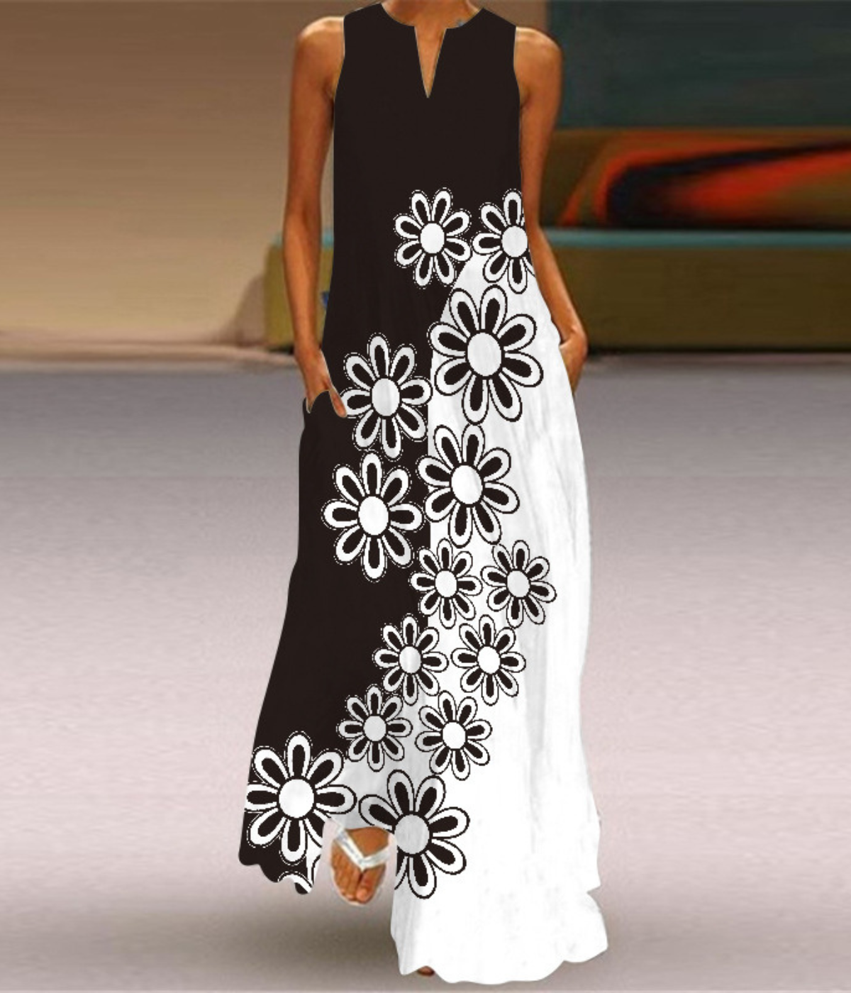 白黒フラワーVネックプリントドレス