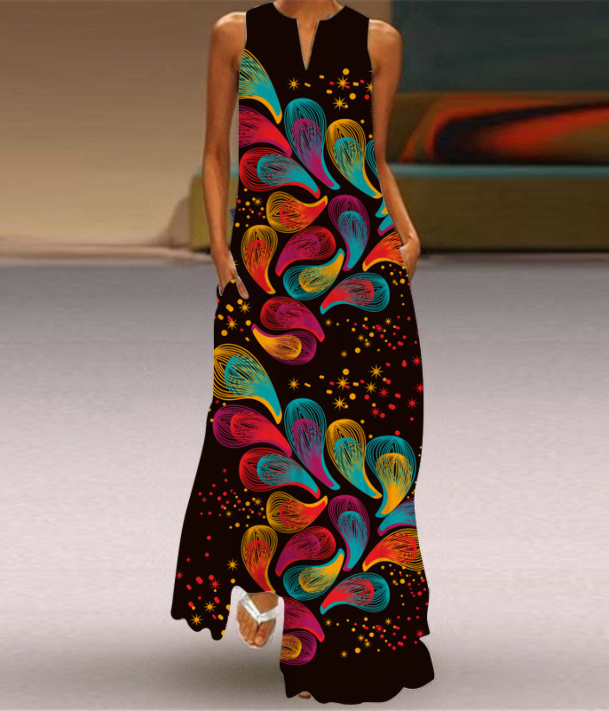 ブラックVネックプリントドレス