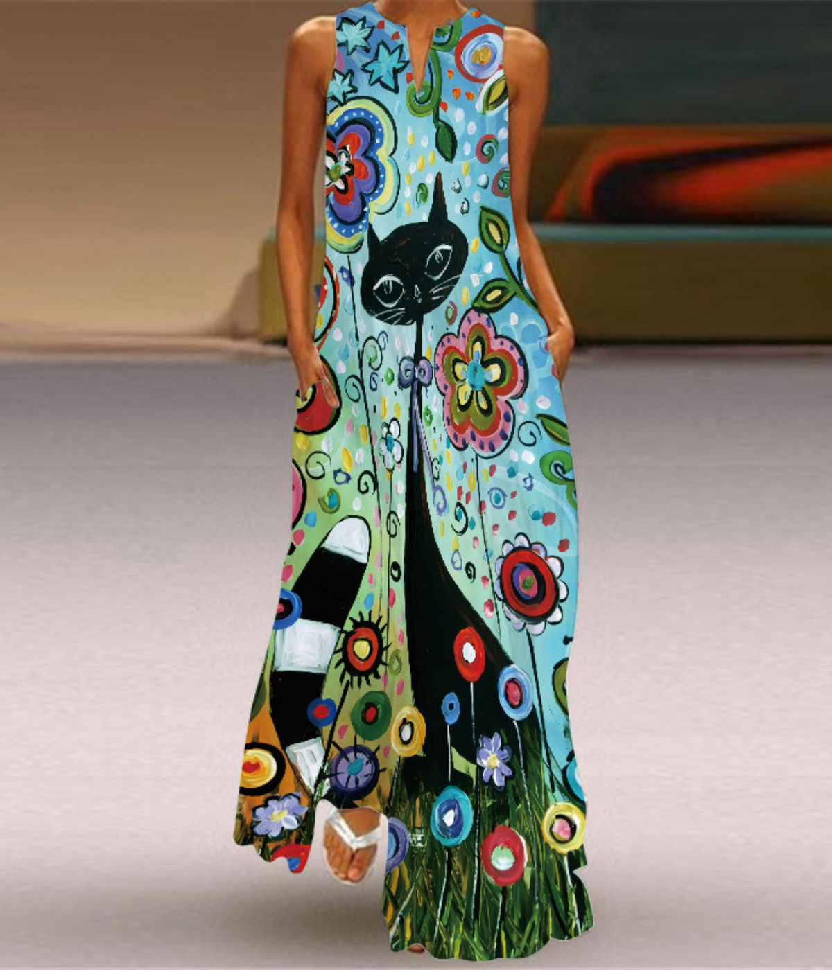 キャットVネックプリントドレス