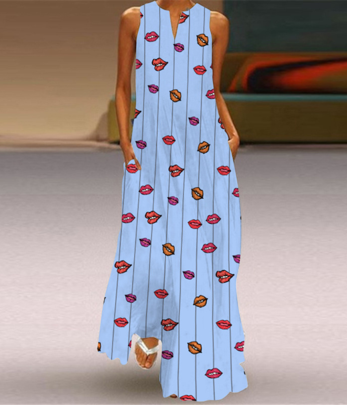 ブルーリップスドットVネックプリントドレス