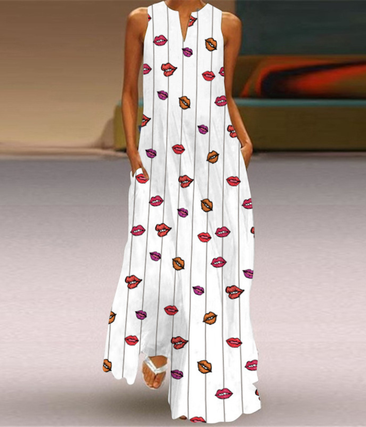 ホワイトリップスドットVネックプリントドレス