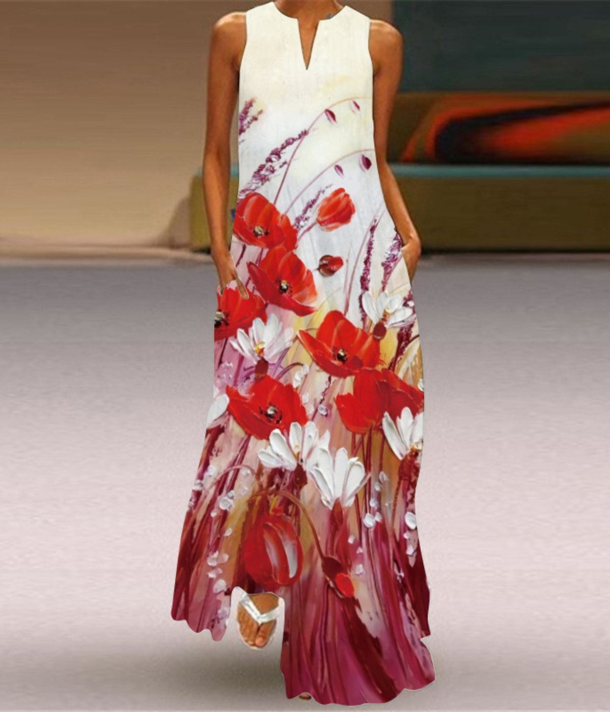 フローラルレッドVネックプリントドレス