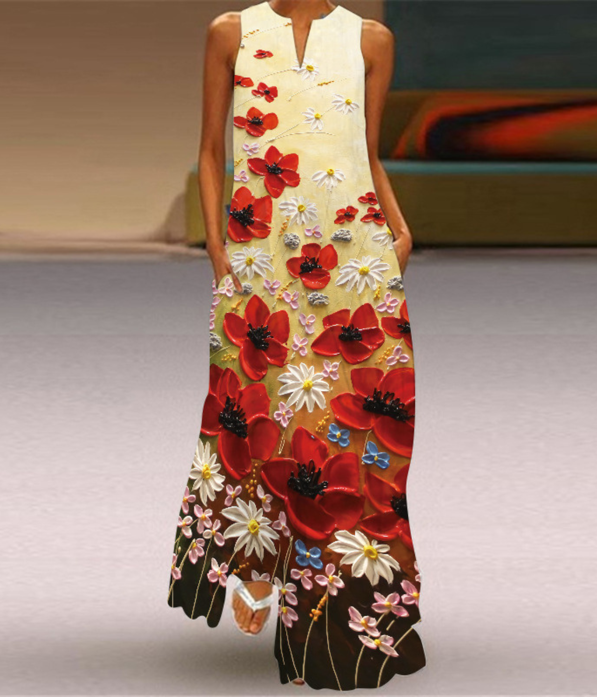 ベージュVネックプリントドレス