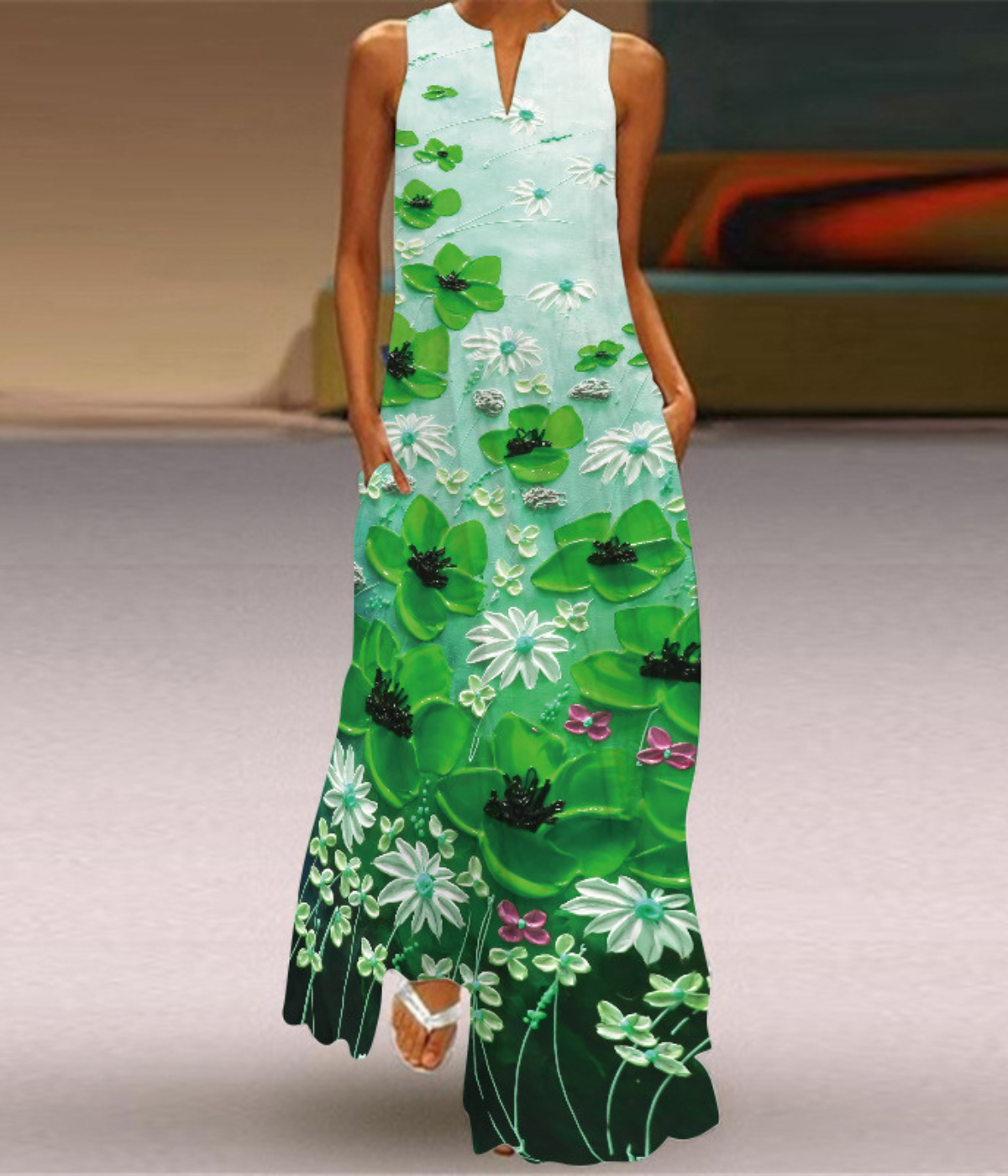 グリーンVネックプリントドレス