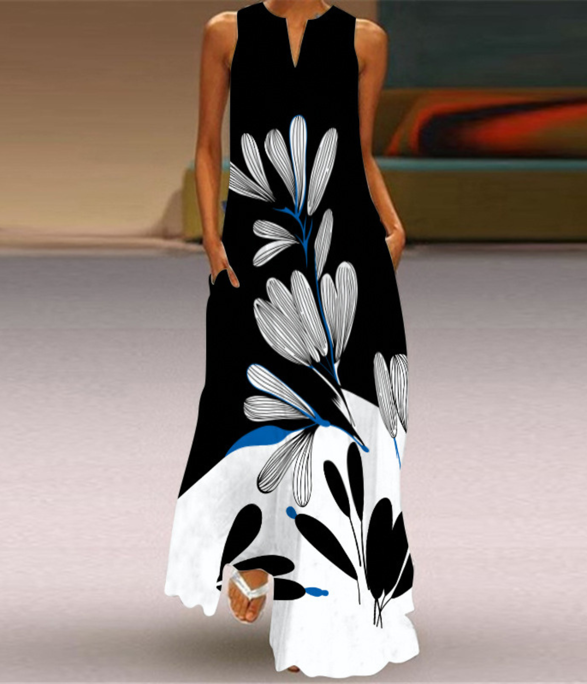 白黒Vネックプリントドレス