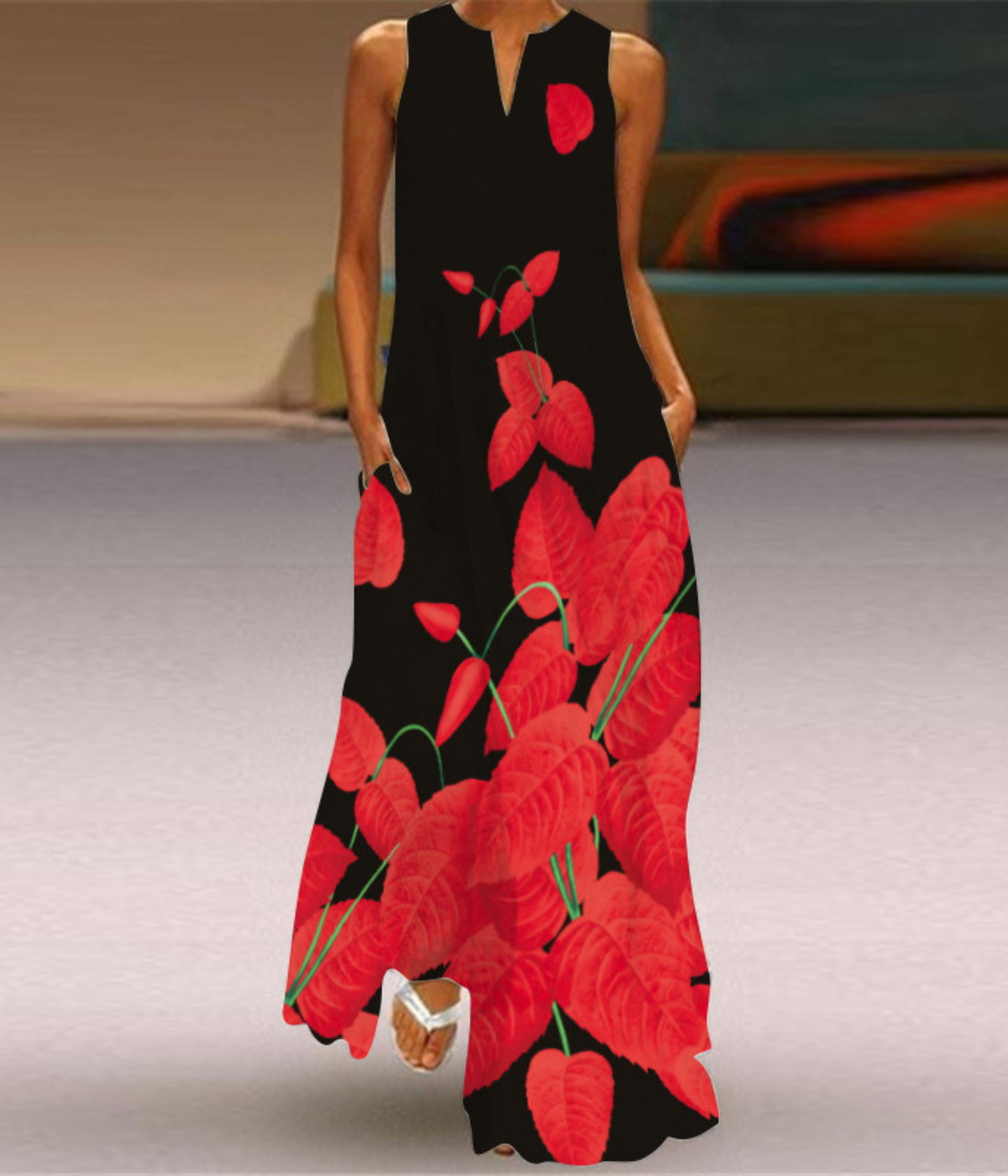 黒赤Vネックプリントドレス