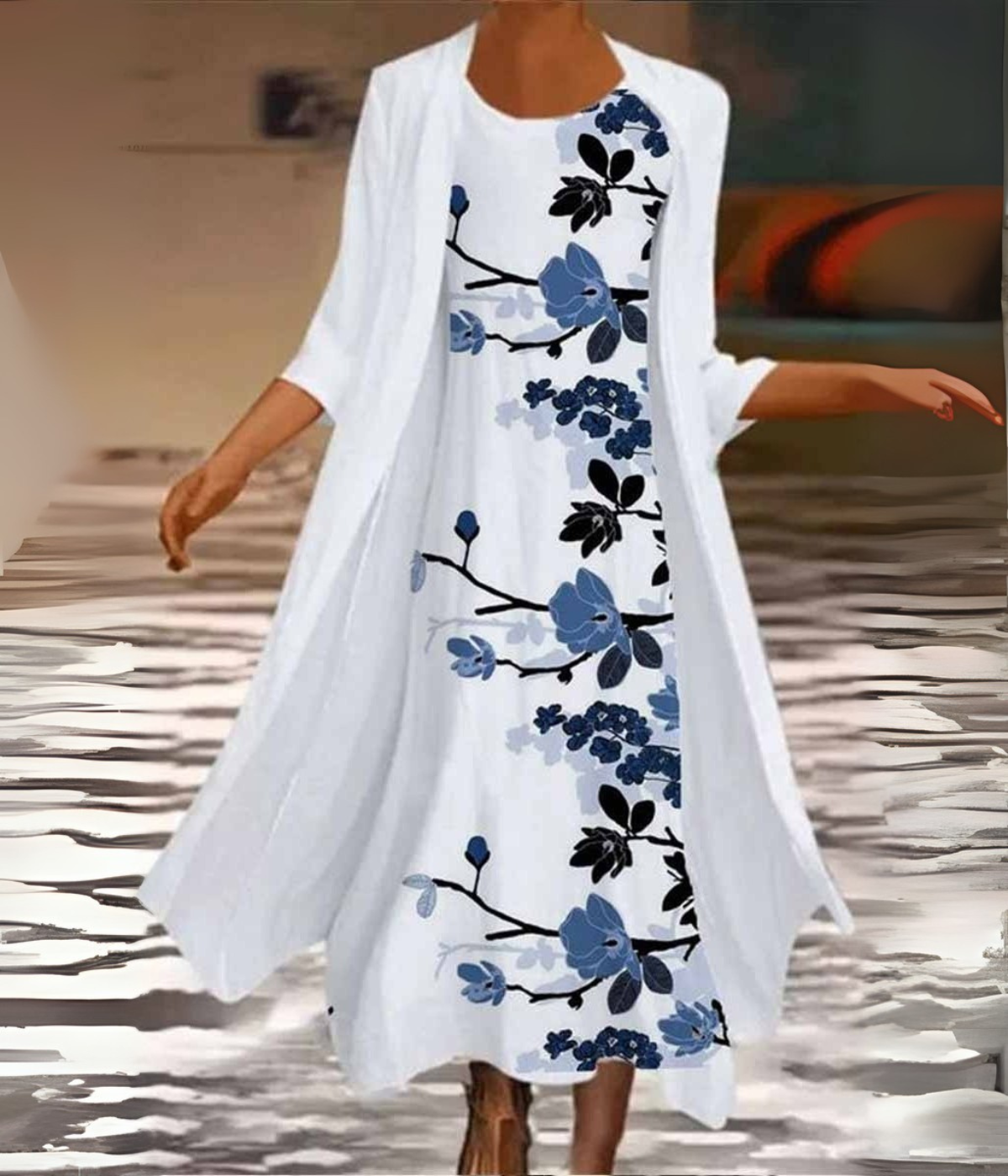 ブルーホワイト花柄セットドレス