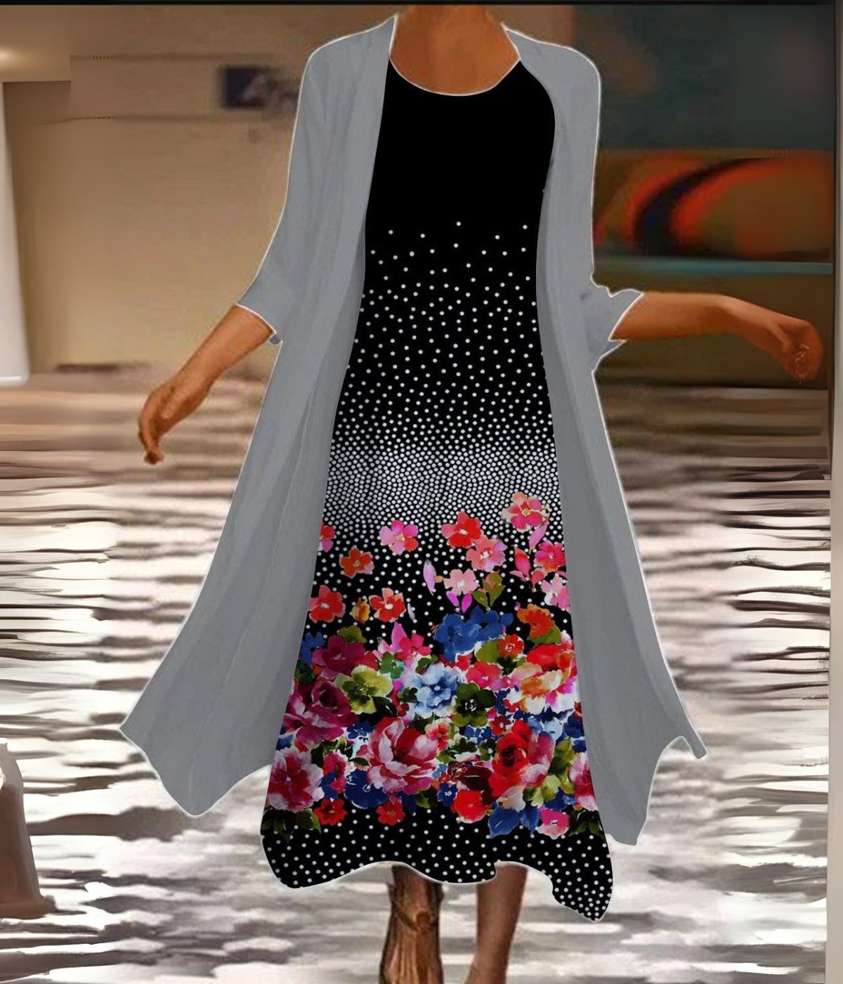 ブラックマルチカラーフローラルセットドレス