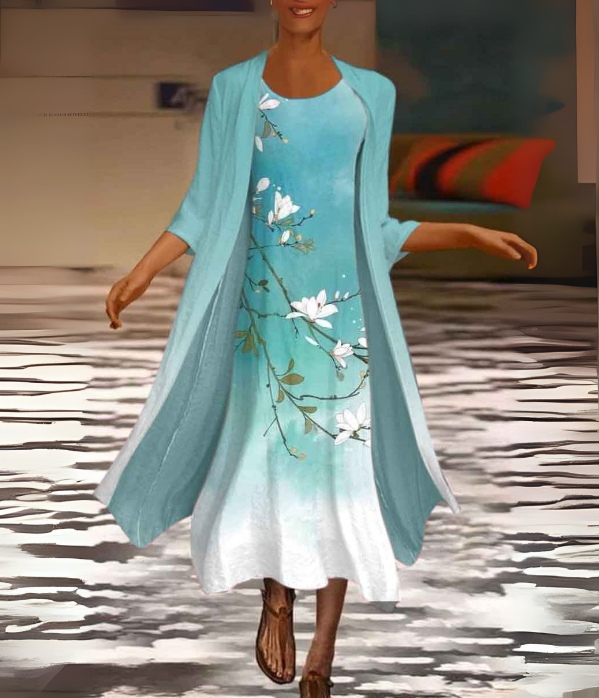 ホワイトブルー花柄セットドレス