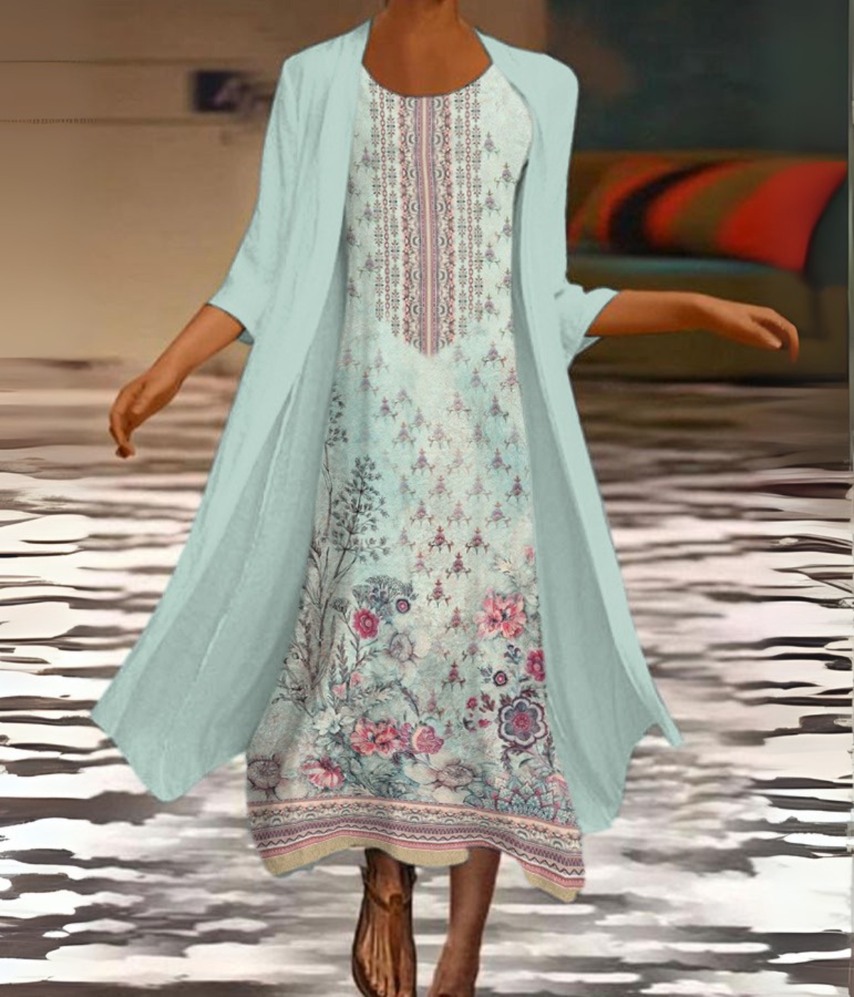 ライトブルーアズテックフローラルセットドレス