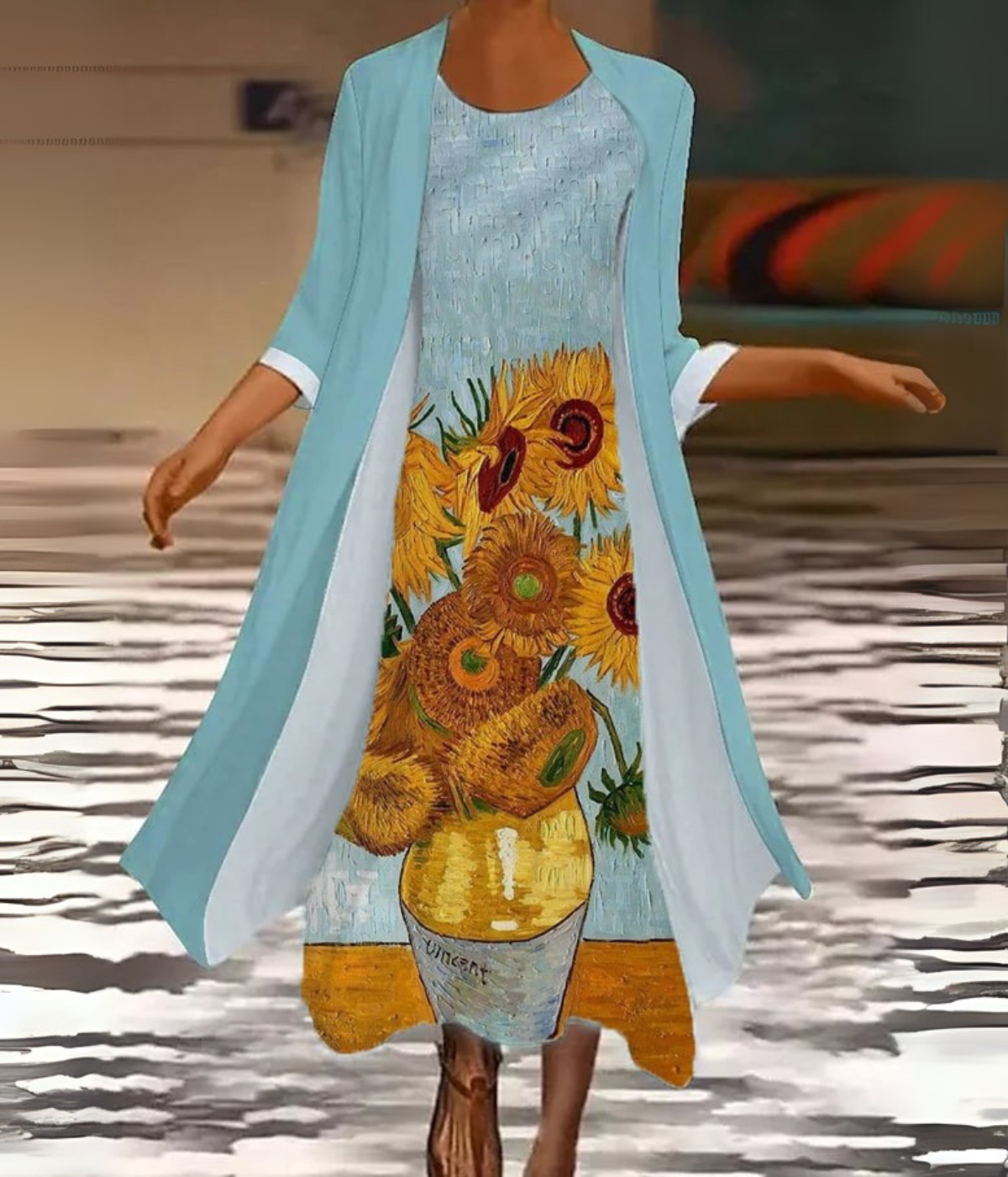 青いひまわりの花柄セットドレス