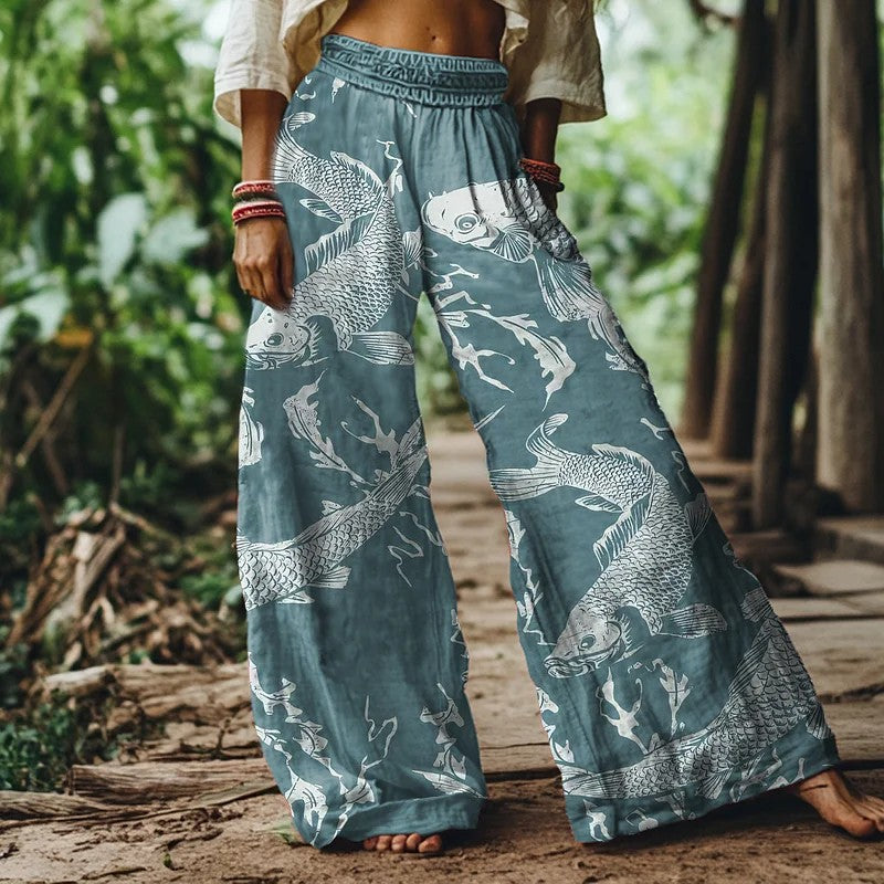 フローイー ブルー プリント ワイドレッグ サマーパンツ