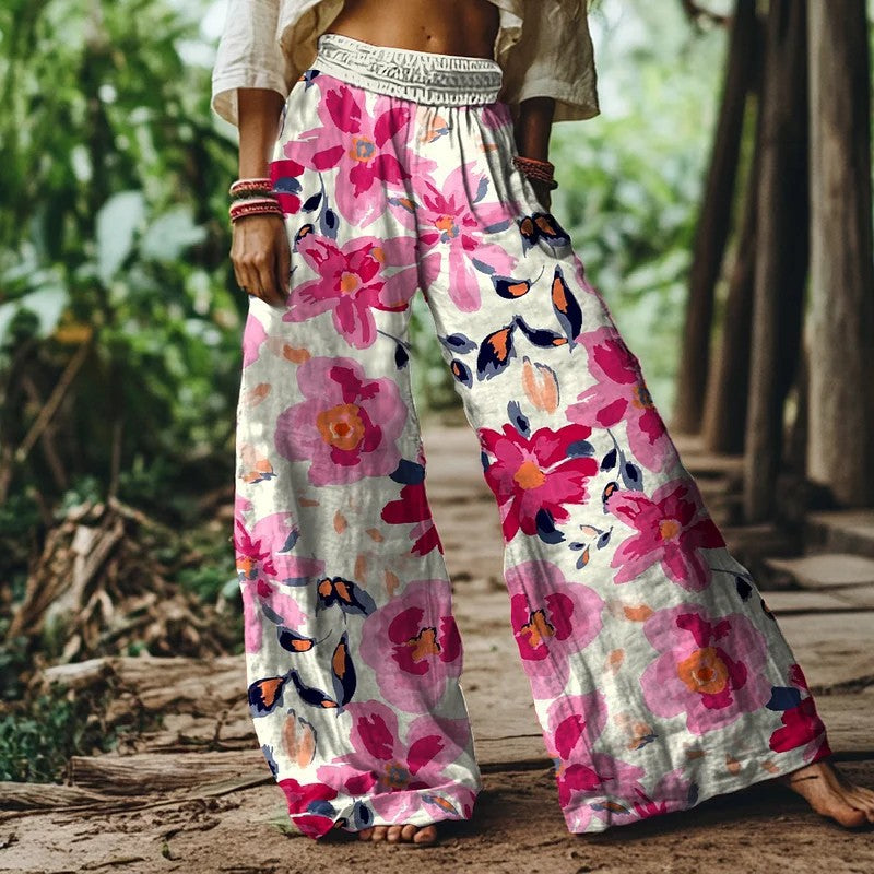 ピンク フローラル ワイドレッグ サマーパンツ