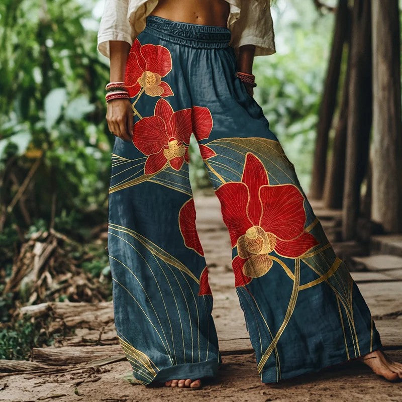 ブルー レッド ワイドレッグ サマーパンツ