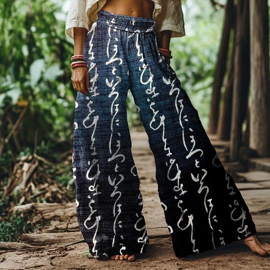 ブルーのアラビア柄 ワイドレッグ サマーパンツ