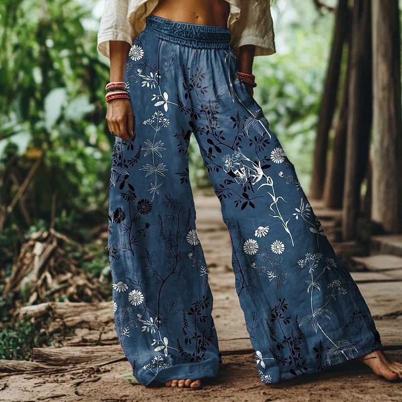 ブルー フローラル ワイドレッグ サマーパンツ