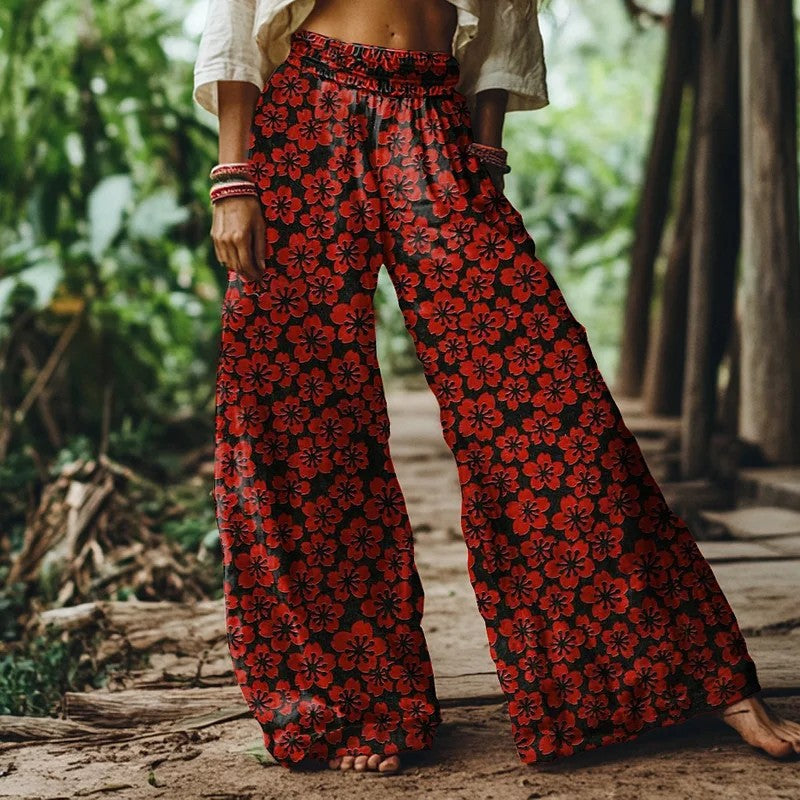 ダークレッド ワイドレッグ サマーパンツ