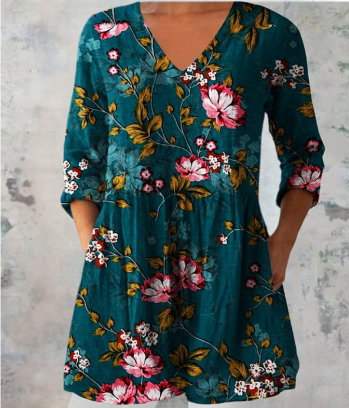 緩やかなドレス、グリーン地にマルチカラーの花柄