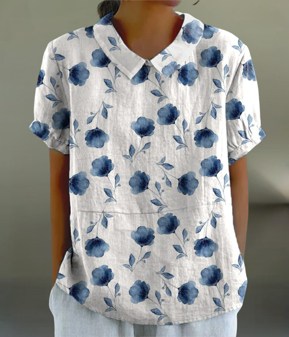ブルー花柄ブラウス