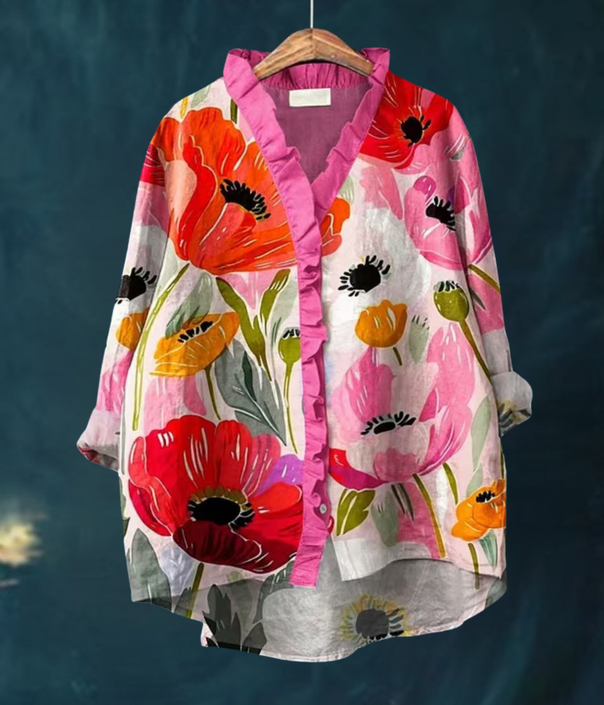 ピンク花柄ラウンドネックブラウス