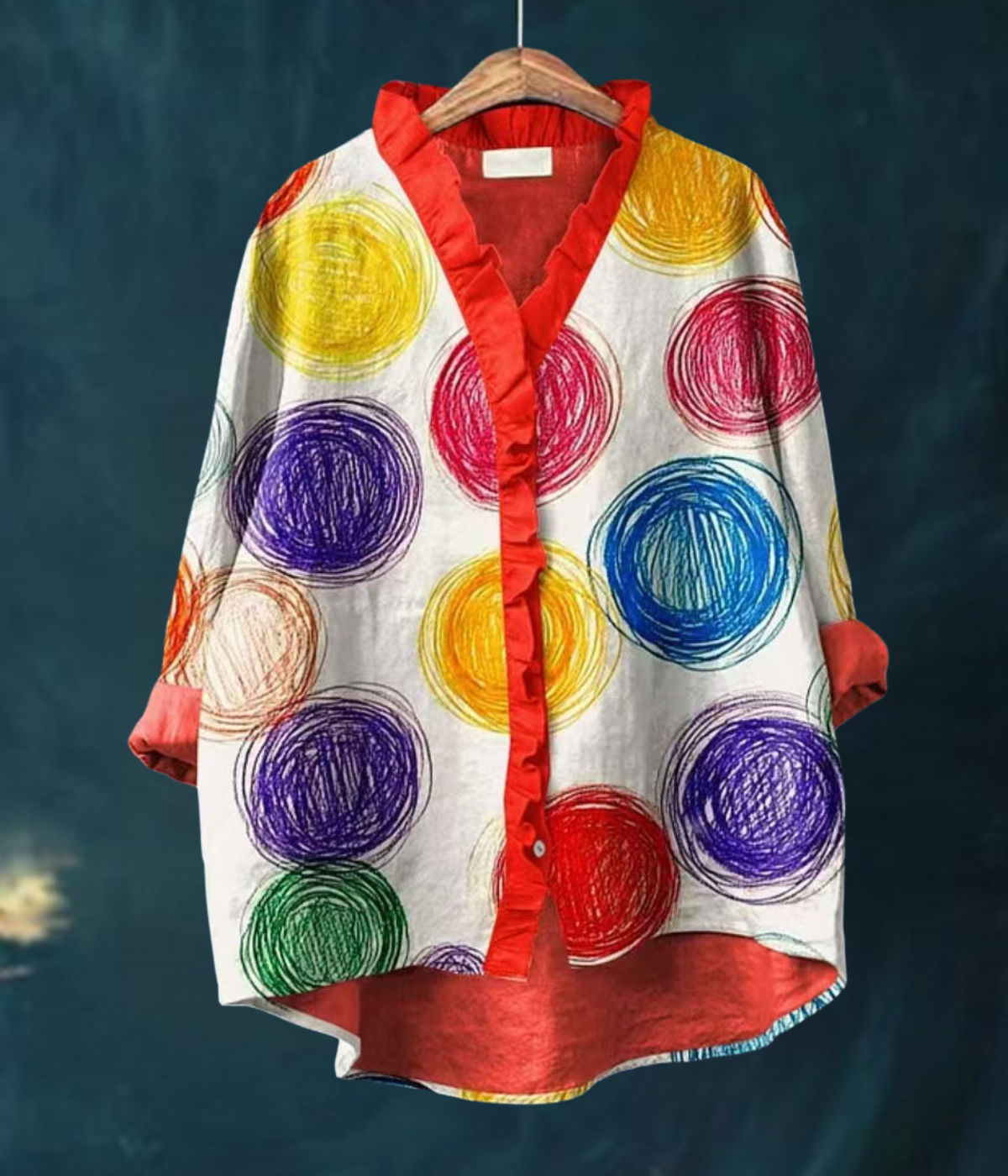 カラフル柄ラウンドネックブラウス