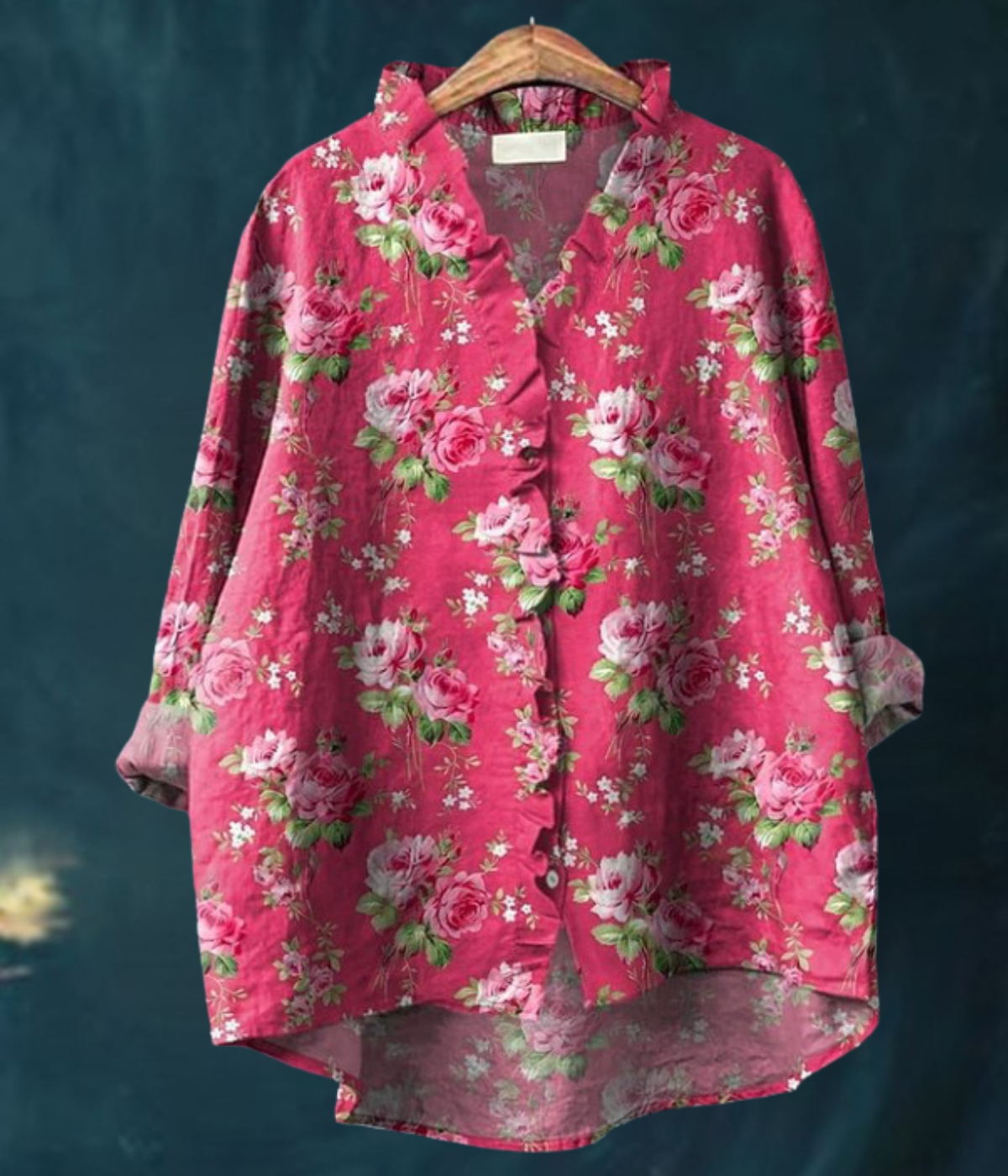 ピンク花柄ラウンドネックブラウス