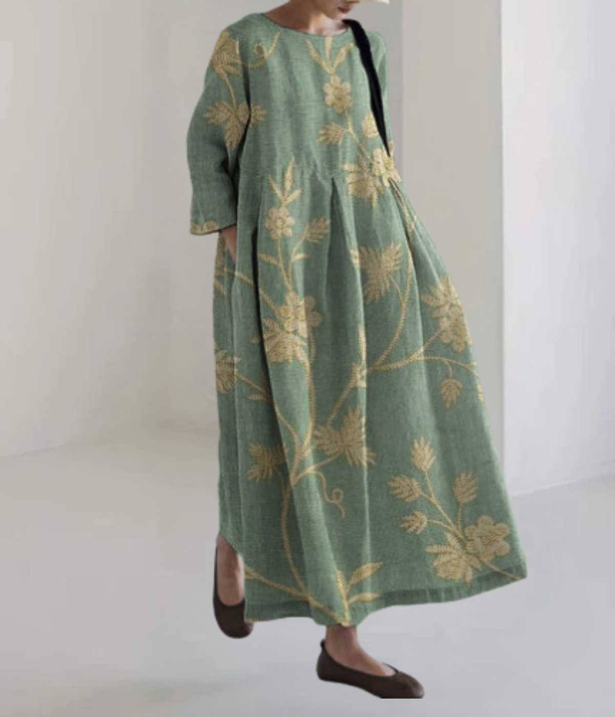 ヴィンテージグリーンの丸首ドレス