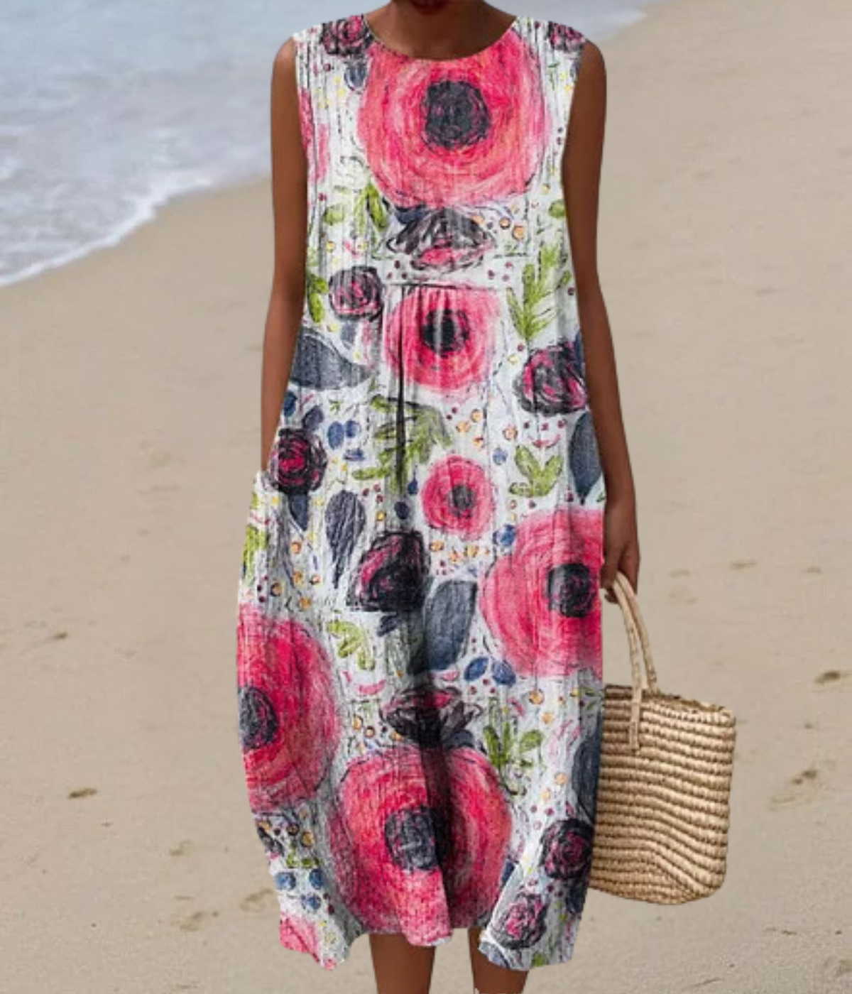 赤とピンクの花柄ノースリーブロングドレス