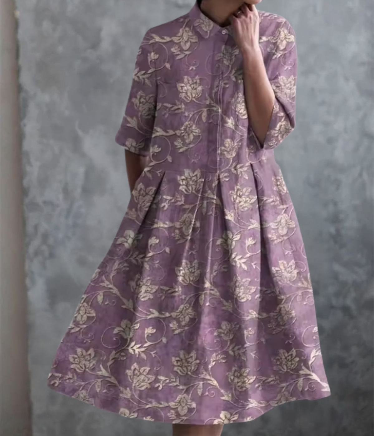 紫の花柄のダブルポケットドレス